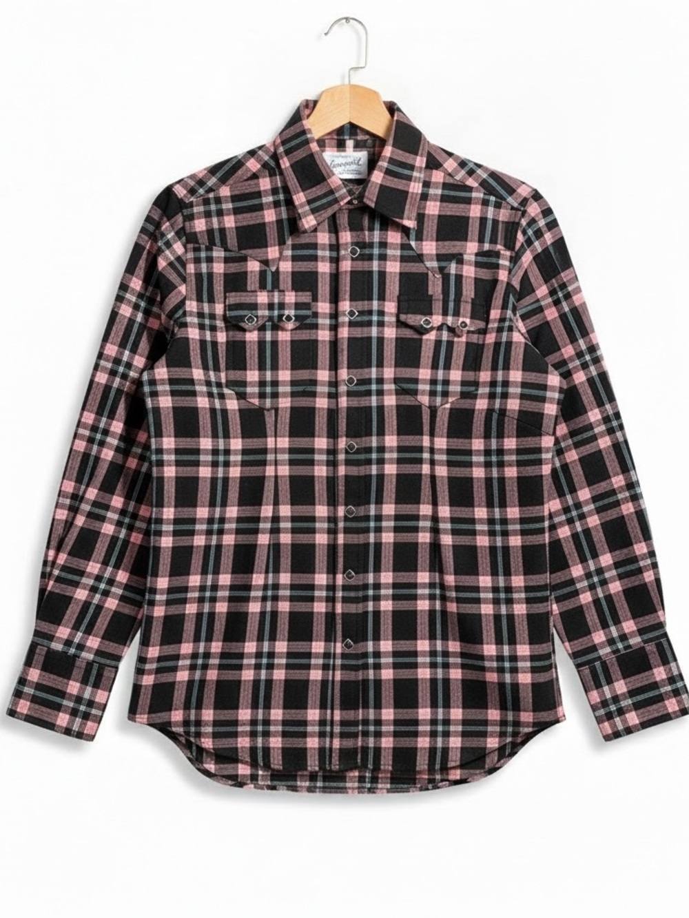 Rockmount Ranch Wear Tapered Fit Black Pink Plaid Snap Front Western Top Large